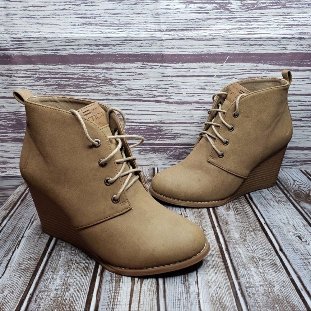 Nautica Tan Waterline lace up Wedges Ankle Booties 9.5
